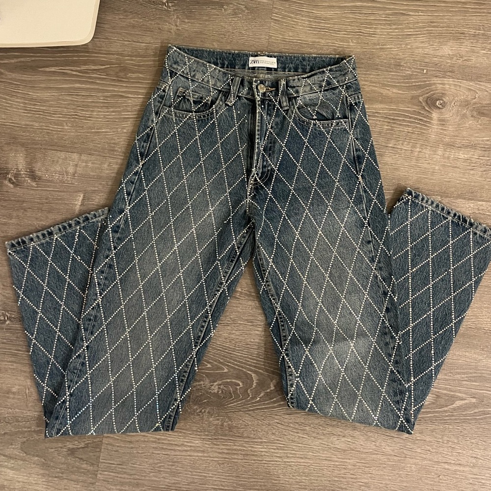 Zara Dark Blue Straight Leg Jeans with White Diamond Stitching